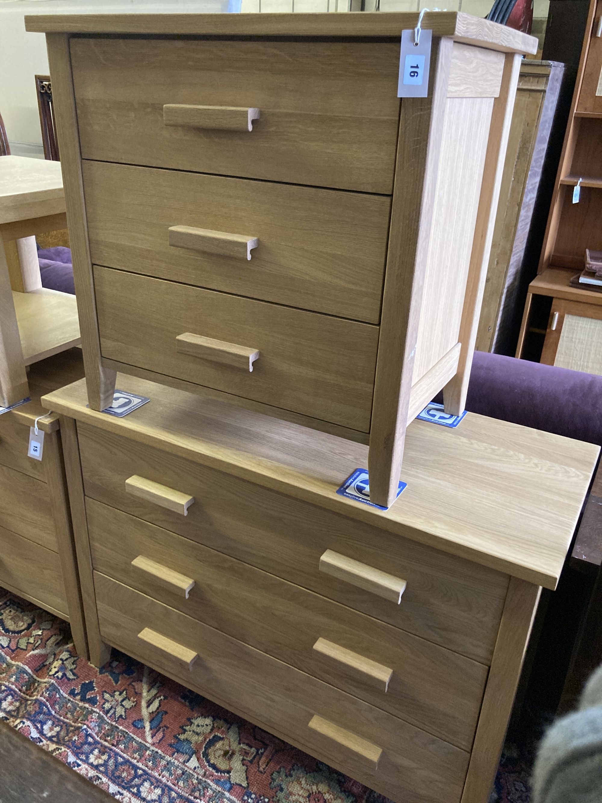 Two modern contemporary oak three-drawer chests, larger width 105cm, depth 45cm, height 77cm
